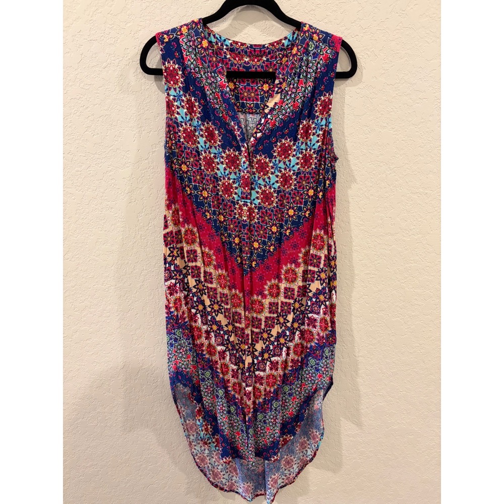 Sleeveless High Low Midi Dress Medallion Print V-Neck Multi-Color Pink Blue